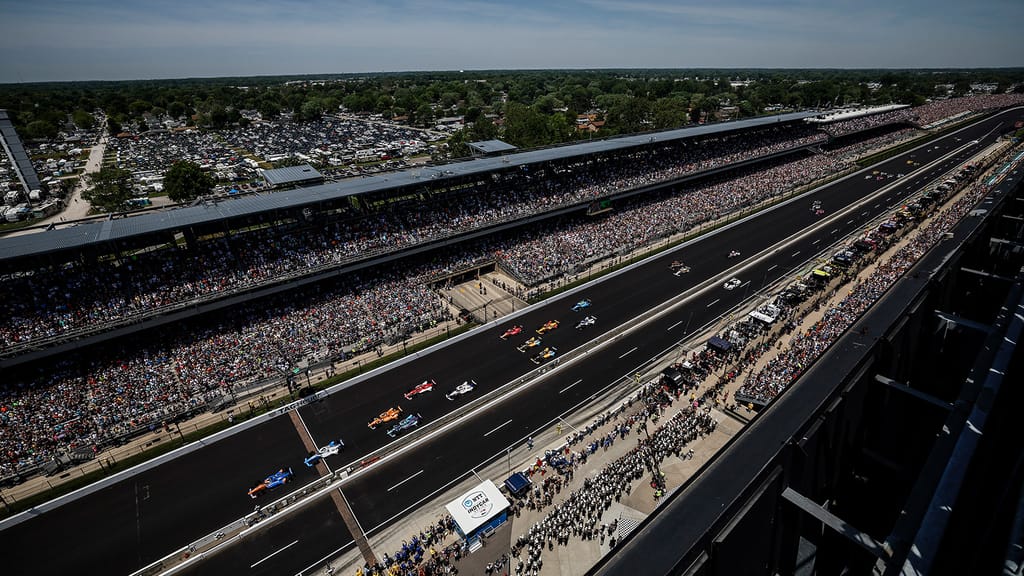 Overlooking the grandstands and the start of the 106th Indianapolis 500