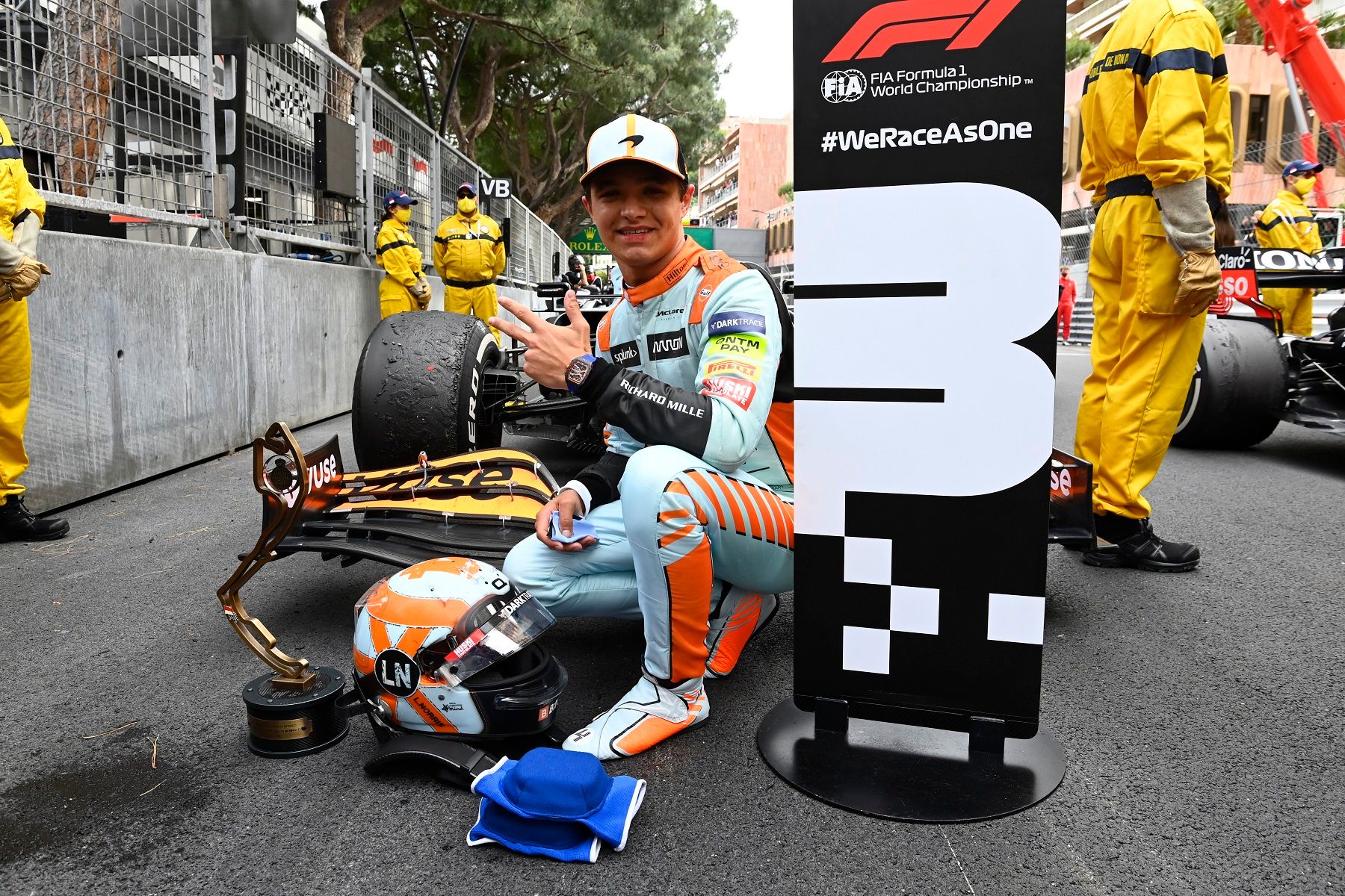 Lando Norris celebrating his 2021 Monaco Grand Prix podium