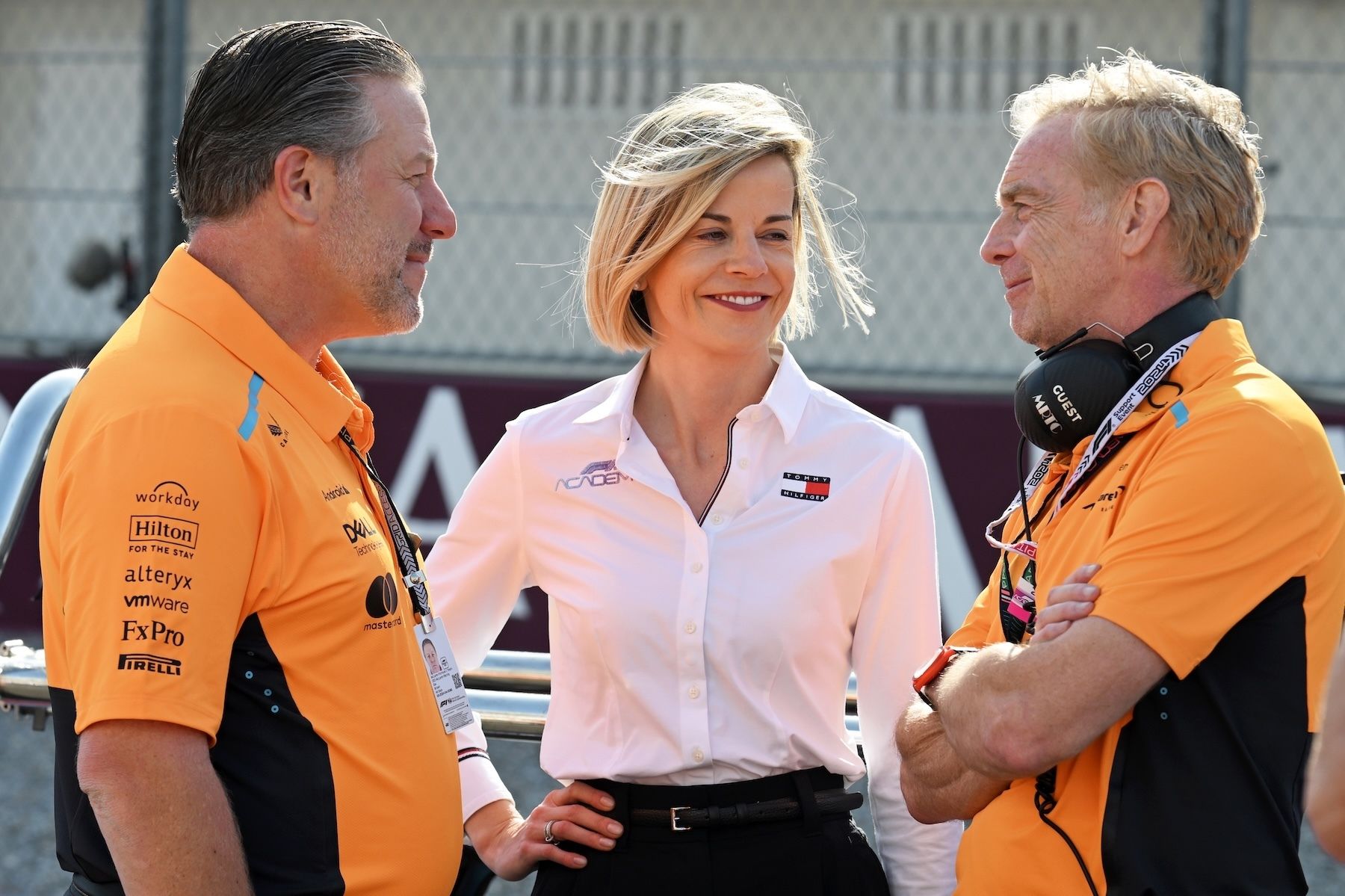 Zak Brown and Warren Hughes with F1 Academy Managing Director Susie Wolff