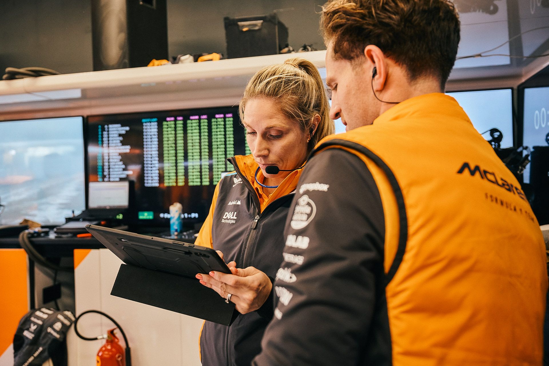 Emer Acton, Head of Human Performance, utilising an Android tablet to improve our pit stops