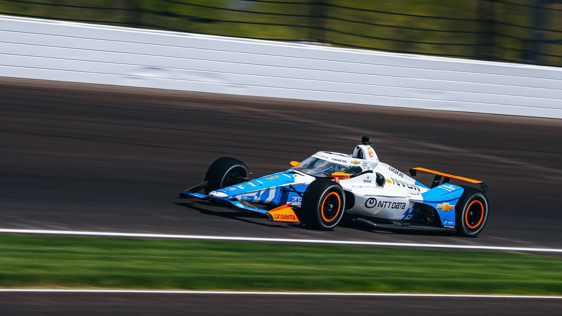 Nolan Siegel driving the No. 6 NTT DATA Arrow McLaren Chevrolet at the Indianapolis Motor Speedway.
