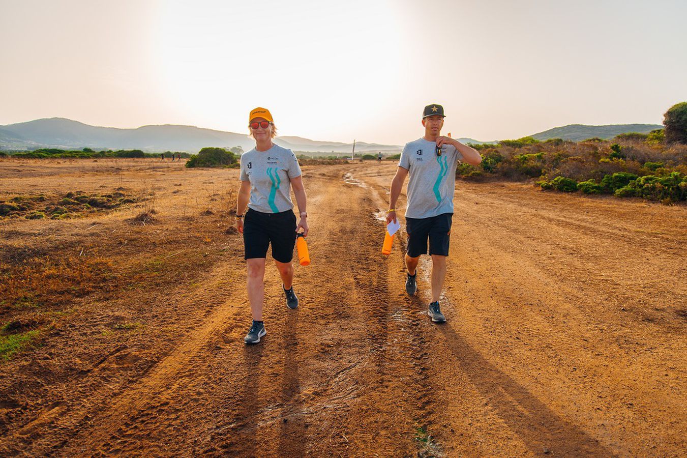 Tanner Foust and Emma Gilmour walking the track in Sardinia before Rounds 2 and 3