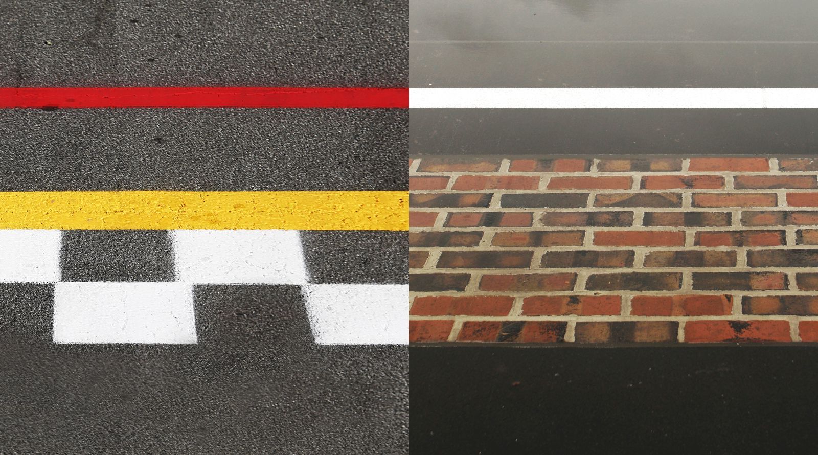The Monaco start/finish line (L) and the IMS Yard of Bricks (R)